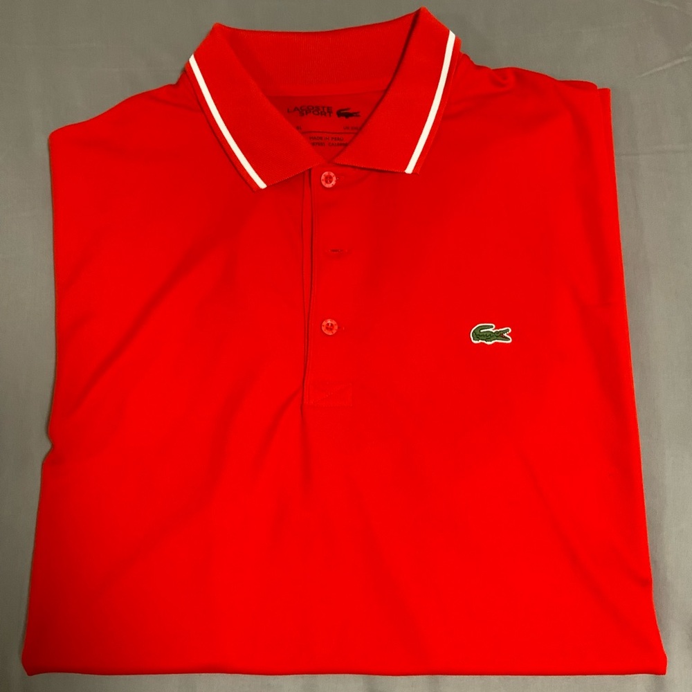 Lacoste Red Polo with White Collar Tipping